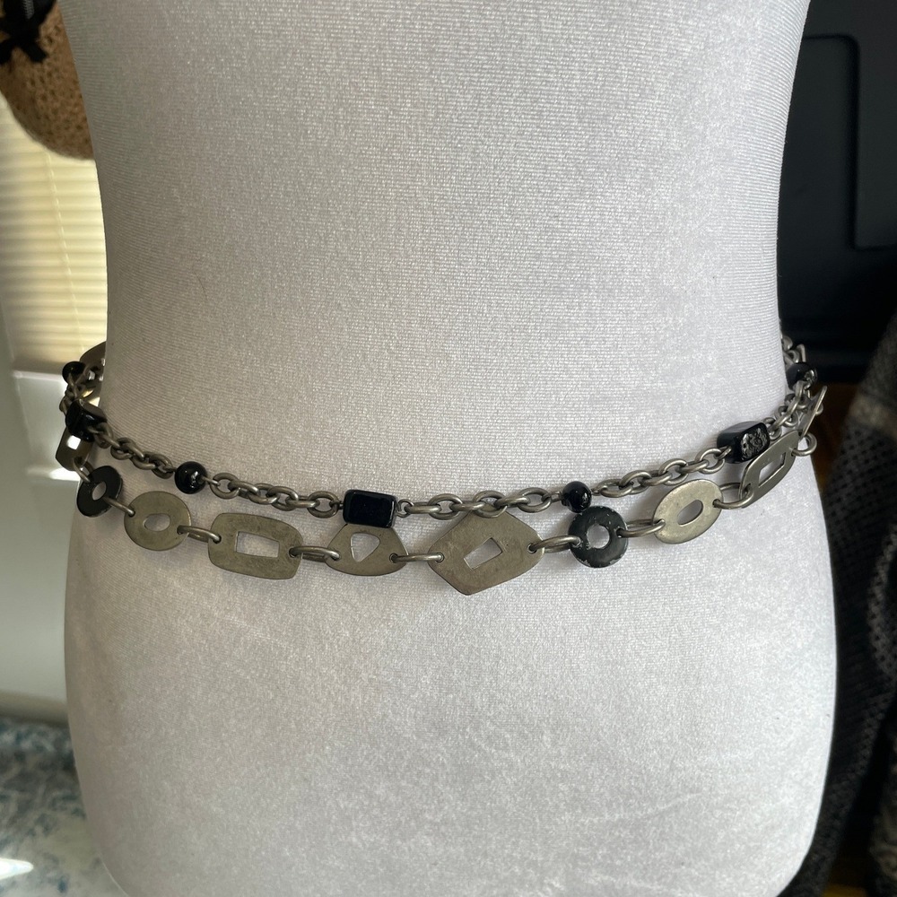 Vintage Silver Tone Layered Chain Belt Geometric Black Bead Accents Adjustable